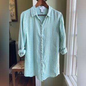 Halston 100% Linen Tunic Button Down Women’s Medium Seafoam / Aqua Shirt